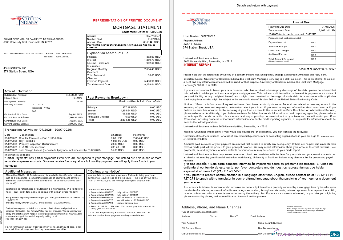 USA University of Southern Indianna account mortgage statement in Word and PDF formats, 3 pages 1 2